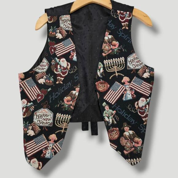 Womens Holiday Tapestry Vest Christmas Thanksgiving Hanukkah USA Flag Open Front - Picture 9 of 10